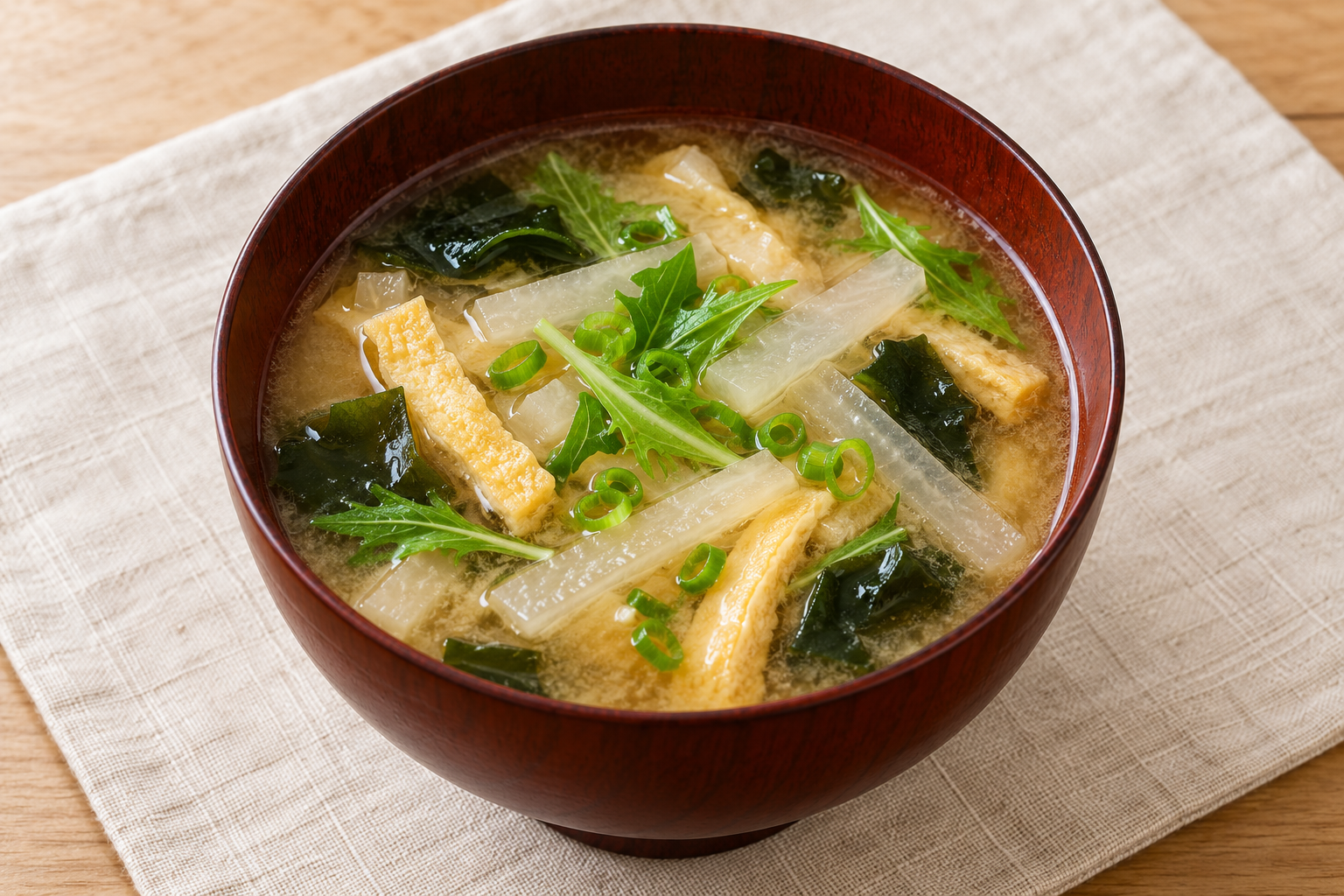 油揚げ・大根・わかめ・水菜を入れた味噌汁
