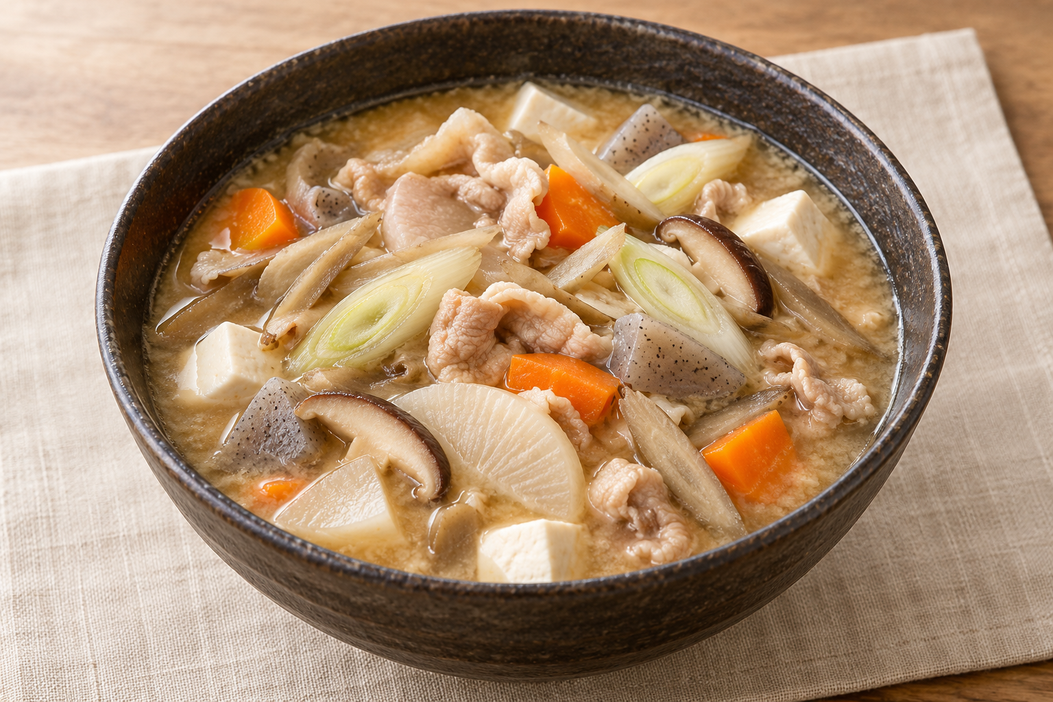 豚肉と根菜、こんにゃく、豆腐が見える具だくさんの豚汁